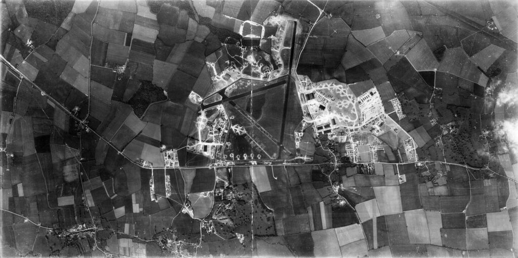An aerial photograph of Alconbury Airfield in 1950